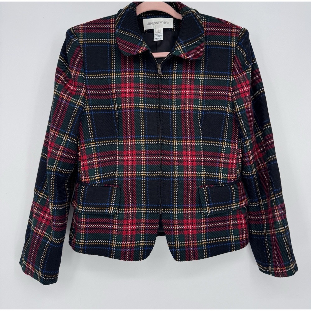 Jones New York Worsted Wool Plaid Zip Blazer Jacket Size 8 Tartan Red Vintage